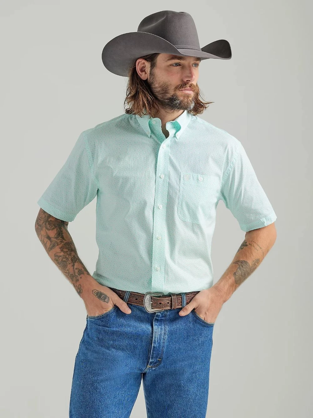 Wrangler 'George Strait' Men's Print Relaxed Fit Button Down - Mint Paisley 3 Wrangler 'George Strait' Men's Print Relaxed Fit Button Down - Mint Paisley