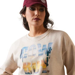 'Ariat' Women's Cowboy Crew Sweater - Oatmeal Heather -Sports Sale Store S23 WMS WEST 10043660 detail01 1024x1024@2x